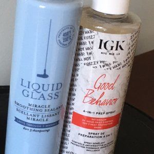 IGK Good Behavior 4 in 1 prep spray and Drybar Liquid Glass full sizes